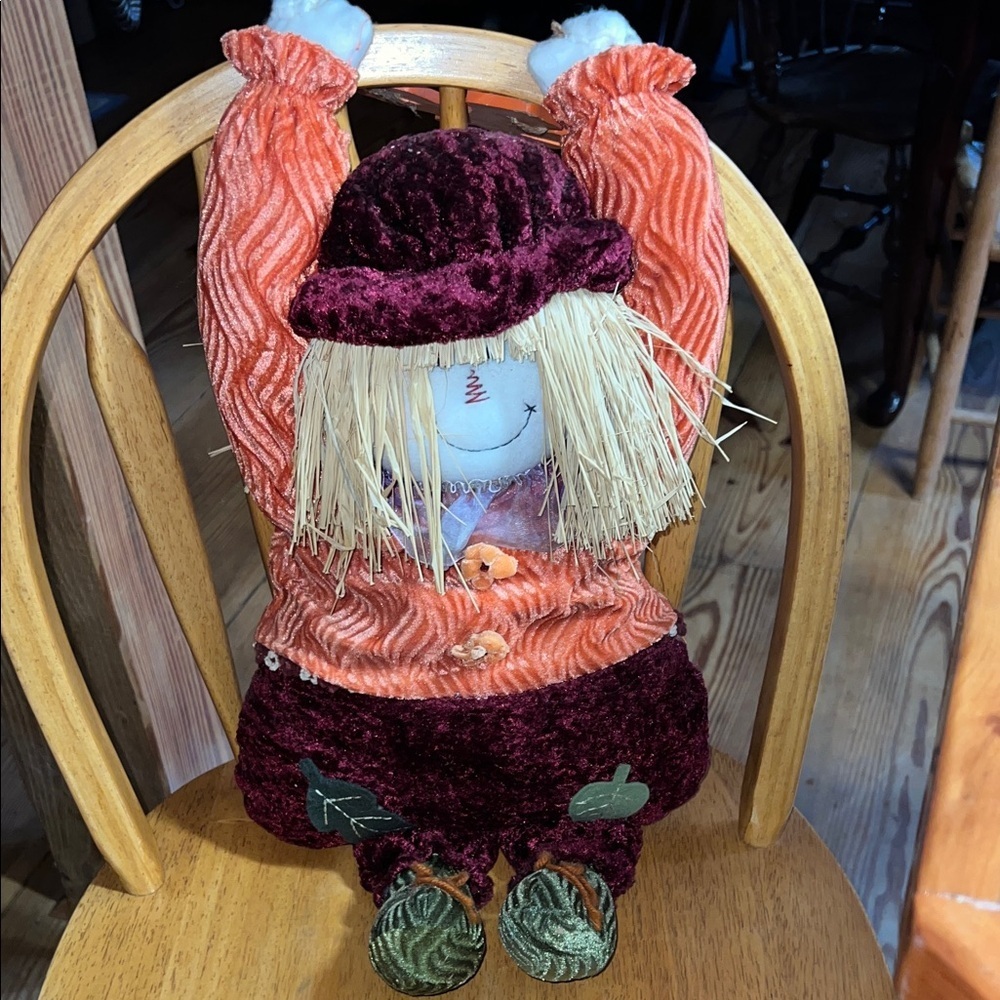 Vintage Autumn Scarecrow Plush Decor in Orange and Burgundy Fall Thanksgivings